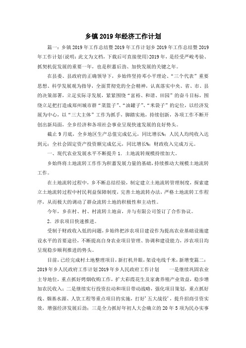 工作计划-乡镇2019年经济工作计划02019 精品