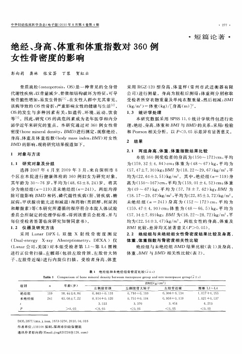绝经、身高、体重和体重指数对360例女性骨密度的影响