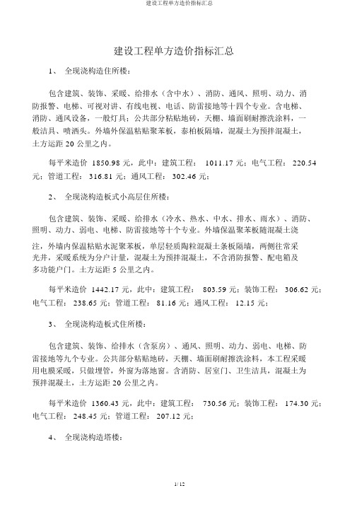 建设工程单方造价指标汇总