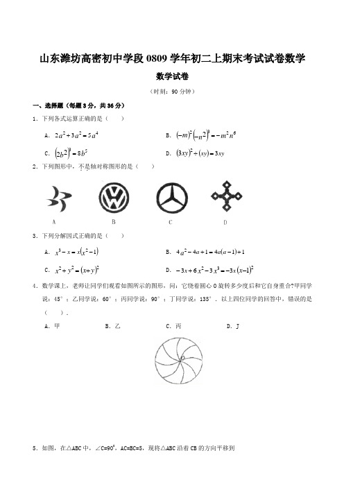 山东潍坊高密初中学段0809学年初二上期末考试试卷数学