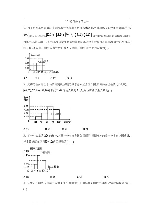 2019-2020学年高一数学苏教版必修3同步练习：2.2 总体分布的估计 