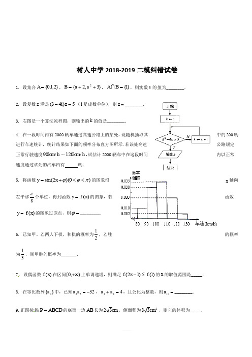 江苏省扬州市树人中学2019届高三二模纠错卷数学(含答案)
