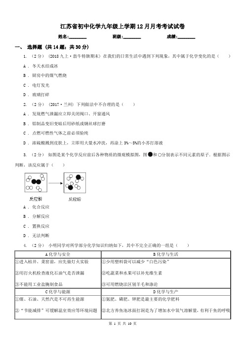 江苏省初中化学九年级上学期12月月考考试试卷