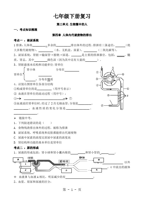济南版七年级生物下册复习学案：第三单元  第四章 人体内代谢废物的排出(含新陈代谢)(无答案)-文档资料