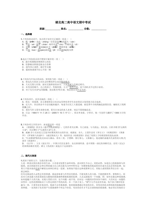 湖北高二高中语文期中考试带答案解析
