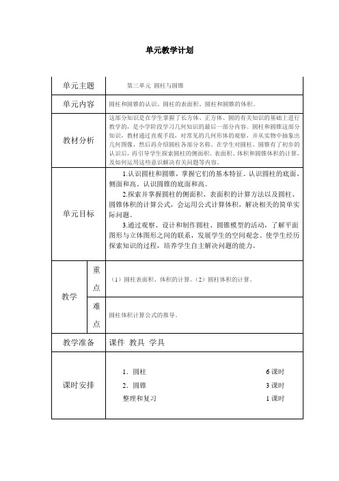 人教版六年级下册数学第三单元《圆柱与圆锥》单元教案