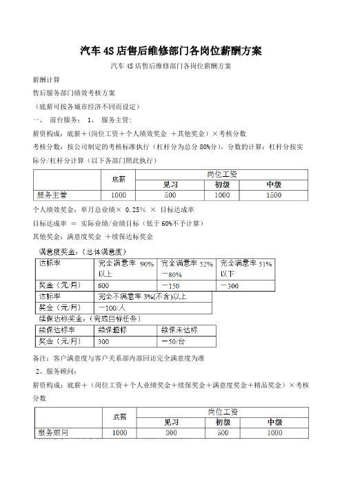 汽车4S店售后维修部门各岗位薪酬方案