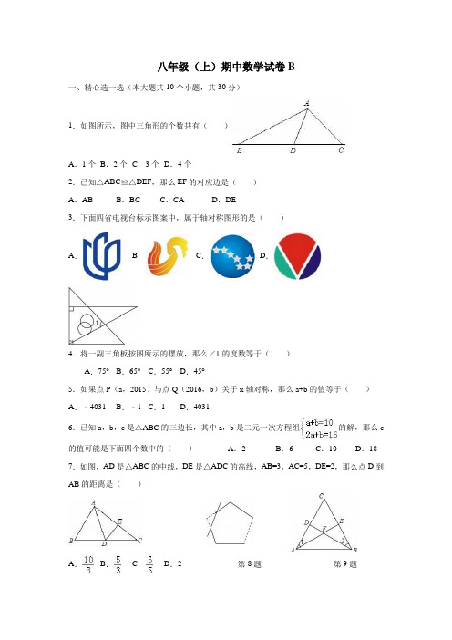 山东省邹城市第八中学人教版八年级数学上册期中试题B(无答案)