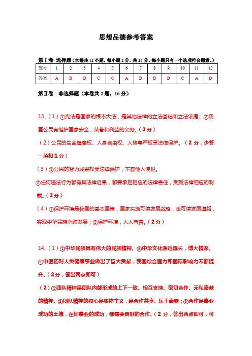2016年黄冈市九年级4月份调研考试文综试卷思想品德参考答案 Microsoft Word 文档