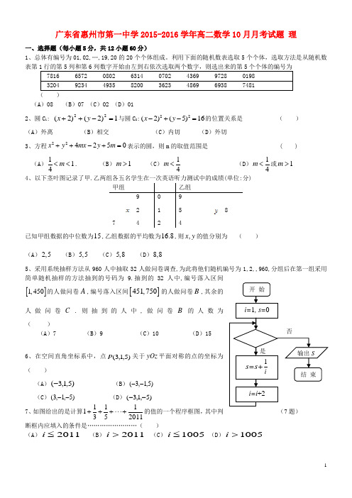 广东省惠州市第一中学高二数学10月月考试题理