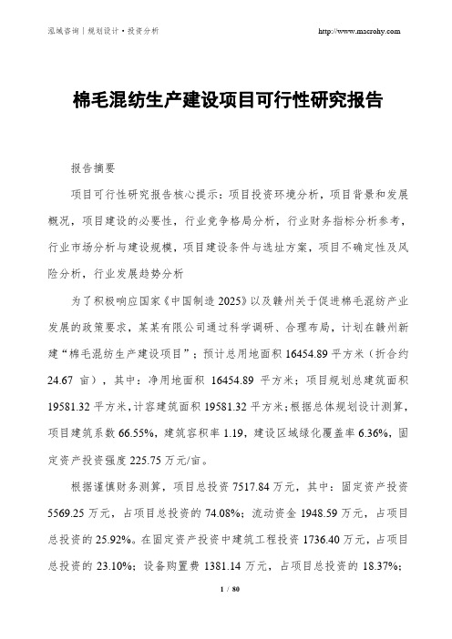 棉毛混纺生产建设项目可行性研究报告