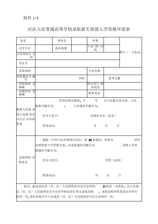 应征入伍普通高等学校录取新生保留入学资格申请表