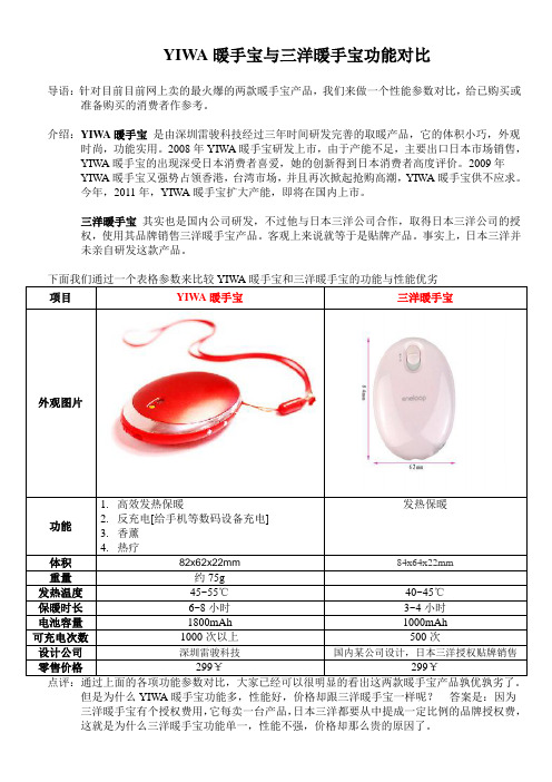 YIWA暖手宝与三洋暖手宝功能对比