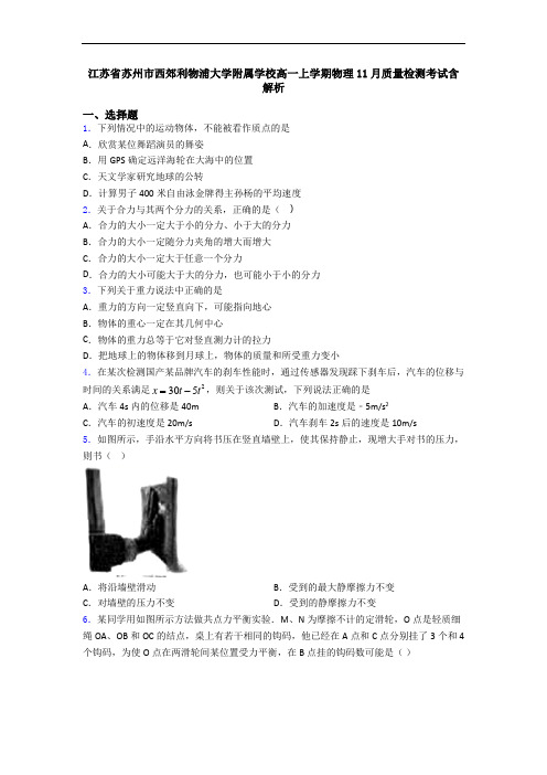 江苏省苏州市西郊利物浦大学附属学校高一上学期物理11月质量检测考试含解析