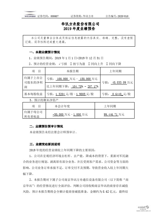 华讯方舟：2019年度业绩预告