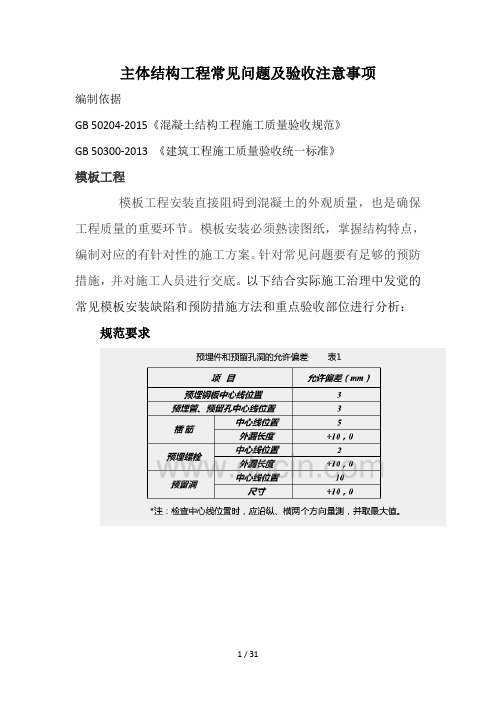 主体结构项目工程项目策划常见问题及验收注意事项
