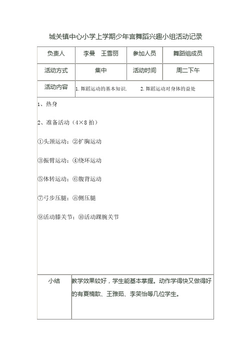 城关镇中心小学上学期少年宫舞蹈兴趣小组活动记录
