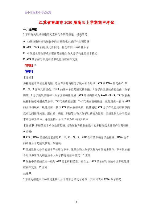 2020届江苏省南通市高三上学期期中考试生物试题(解析版)