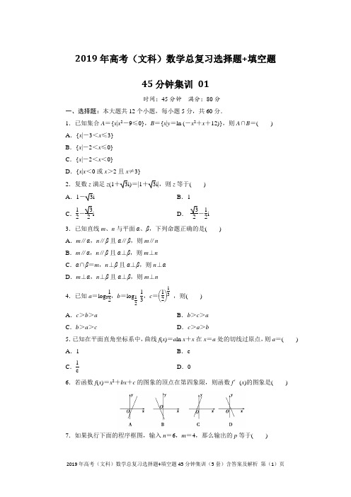 2019年高考(文科)数学总复习选择题+填空题45分钟集训(5套)含答案及解析