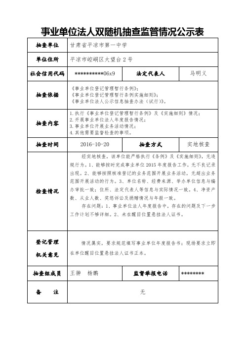 事业单位法人双随机抽查监管情况公示表【模板】