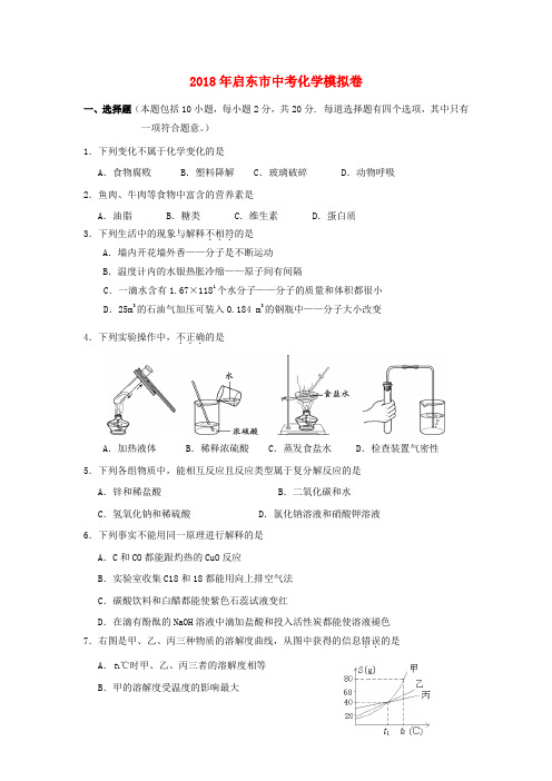 最新-江苏省启东市2018年中考化学模拟卷 人教新课标版