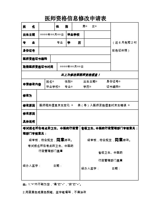 医师资格信息修改申请表