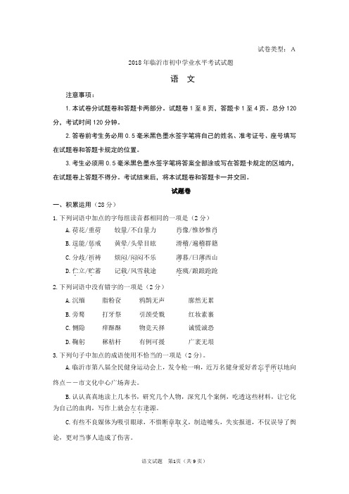 2018年临沂市初中学业水平考试语文试题
