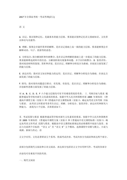 2017年全国高考统一考试考纲