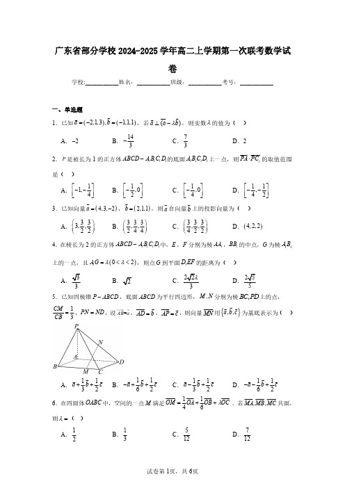 广东省部分学校2024-2025学年高二上学期第一次联考数学试卷(含答案解析)