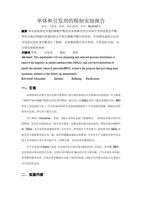 单体、引发剂的精制实验报告