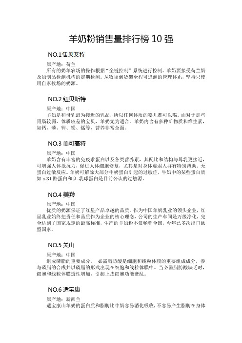 羊奶粉销售量排行榜10强