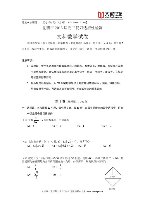 云南省昆明市2013届高三复习适应性检测数学文试题 Word版含答案