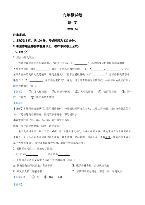 2024年江苏省南京市鼓楼区中考一模语文试题(解析版)