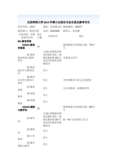 北京师范大学2014年硕士生招生专业目录及参考书目