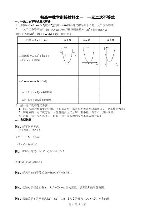 初高中数学衔接材料之一  一元二次不等式