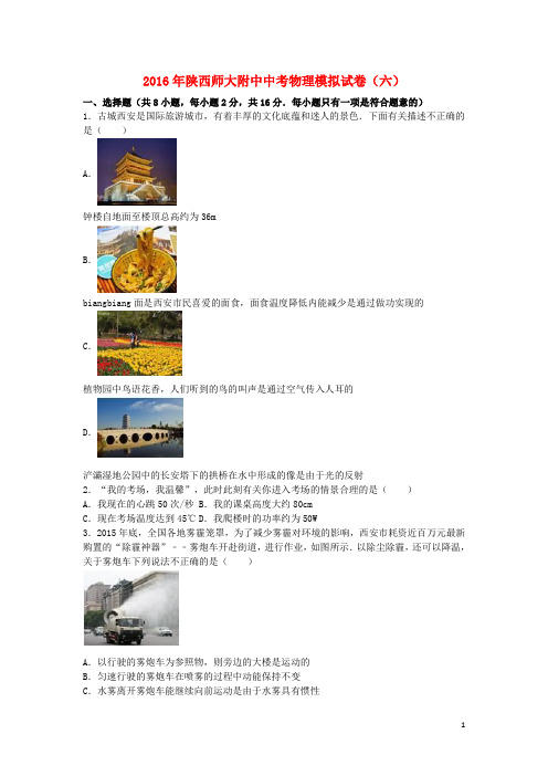 陕西师大附中2016年中考物理模拟试卷(六)(含解析)
