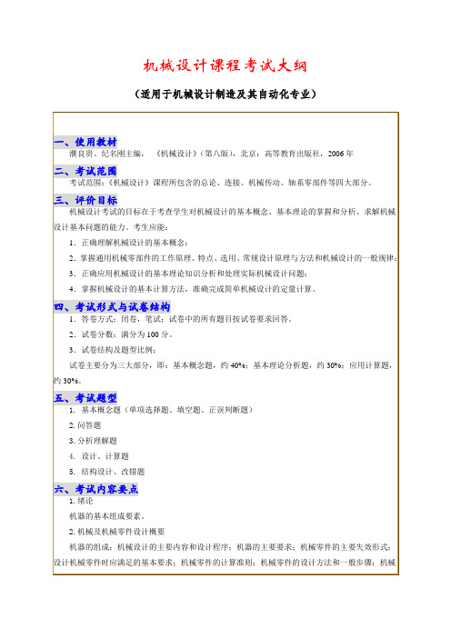 河北工程大学机械设计课程考试大纲