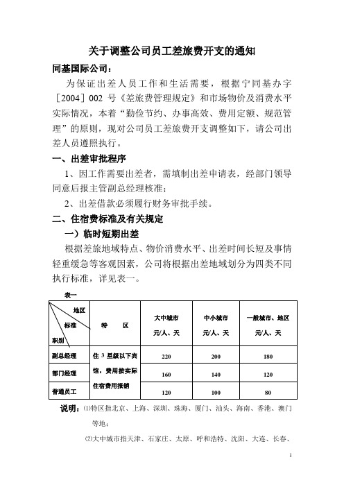 关于调整公司员工差旅费开支的通知