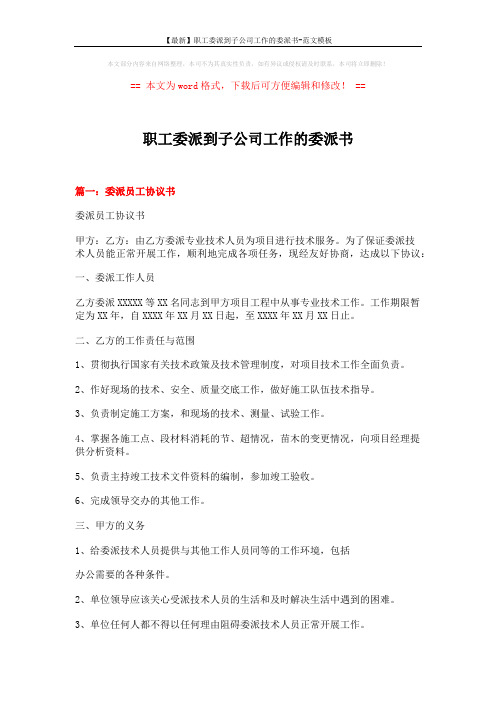 【最新】职工委派到子公司工作的委派书-范文模板 (6页)