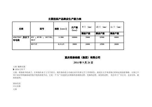 主要投标产品剩余生产能力表
