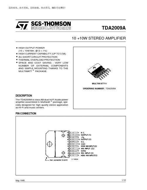 ST TDA2009A 10 +10W STEREO AMPLIFIER 说明书