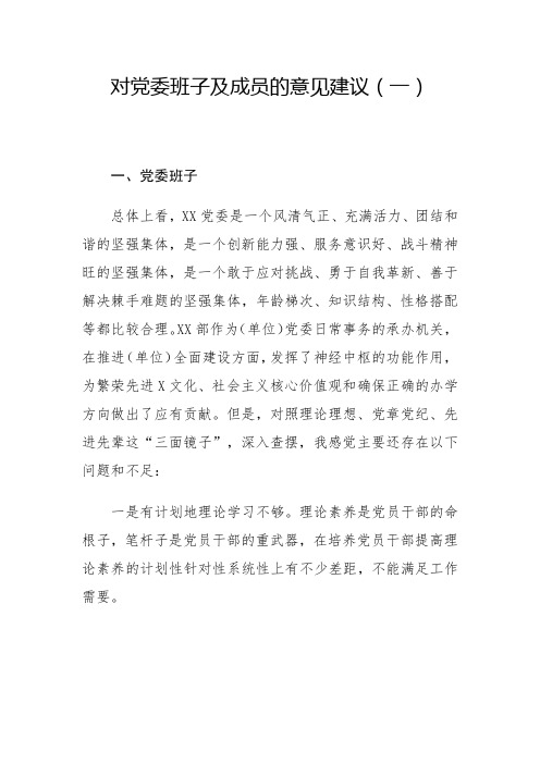 对党委班子及成员的意见建议