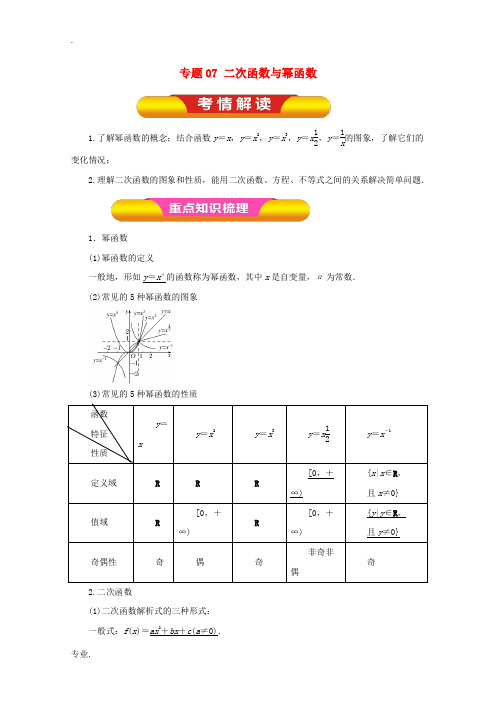 高考数学一轮复习 专题07 二次函数与幂函数教学案 理-人教版高三全册数学教学案