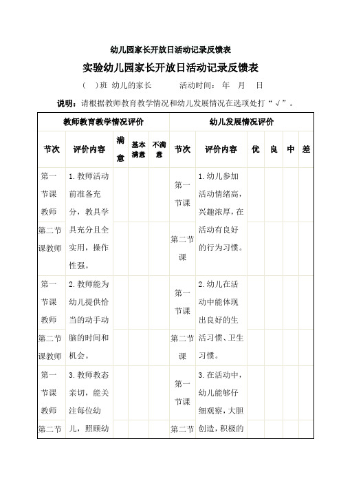 幼儿园家长开放日活动记录反馈表