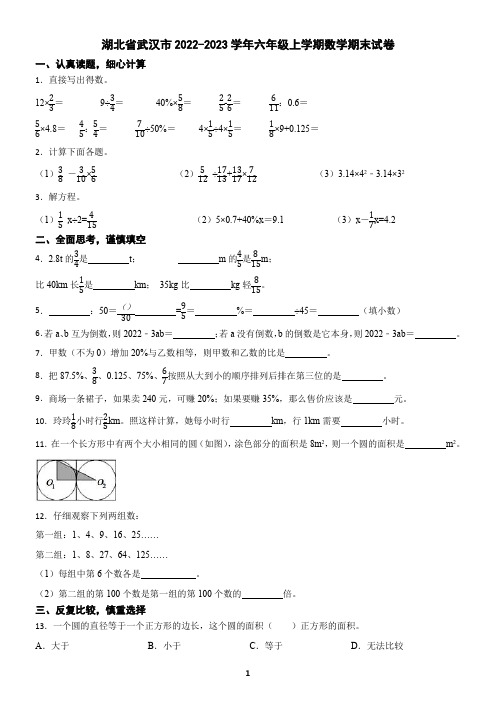 湖北省武汉市2022-2023学年六年级上学期数学期末试卷(含答案)