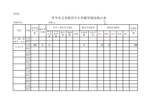 天宝小学毕节市义务教育中小学辍学情况统计表(××乡)