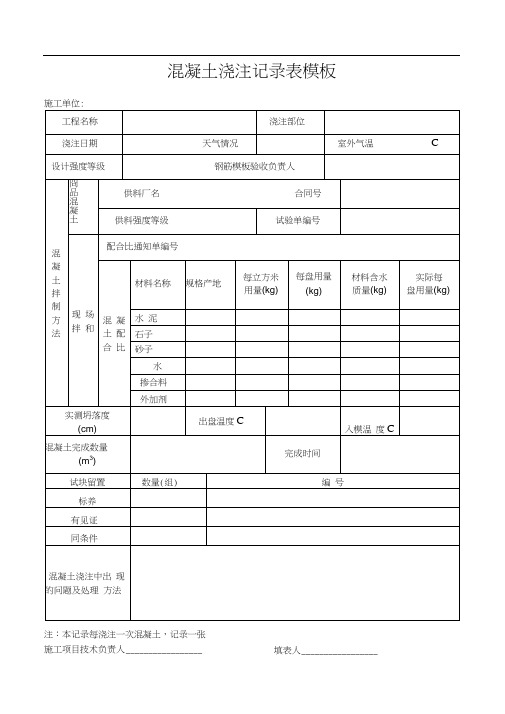 混凝土浇注记录表模板
