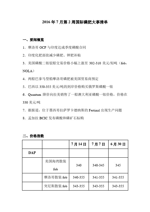2016年7月第2周国际磷肥大事清单
