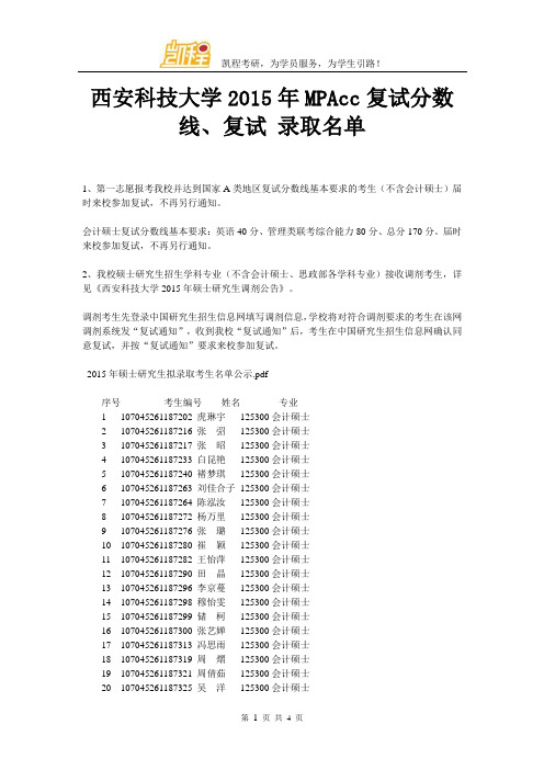 西安科技大学MPAcc复试分数线、复试 录取名单