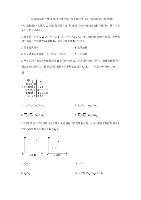 2018-2019学年陕西师大附中高二下学期数学(理)期中试卷